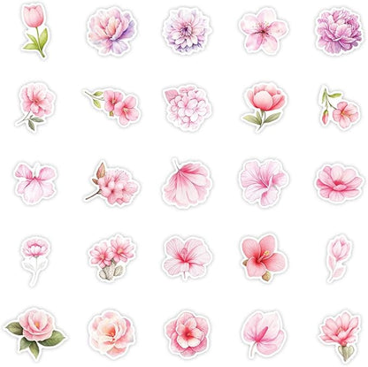Watercolor Flowers Stickers for Teens Boy Girls|50 Pcs|Pink Vinyl Waterproof Stickers for Laptop Computer Phone Tablet Luggage Flasks Notebook Water Bottle Scrapbook,Cartoon Decals Pack(Flowers)