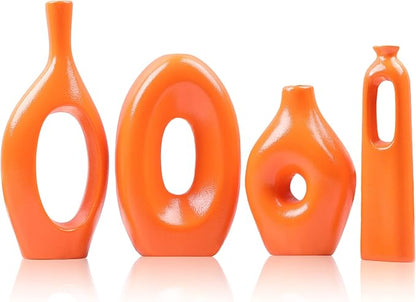 Orange Ceramic Vase Set of 4 - Round Hollow Boho Vases for Pampas Grass and Flowers Decor, Modern Minimalist Small Vases for Living Room, Bedroom, Fireplace, Coffee Table Decor and Centerpieces