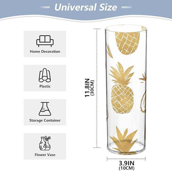 Flower Vase Clear Plastic Cylinder Vases Decor for Centerpieces Home Storage Office Weddings Summer Pineapples and Coconuts 11.8 x 3.9 in