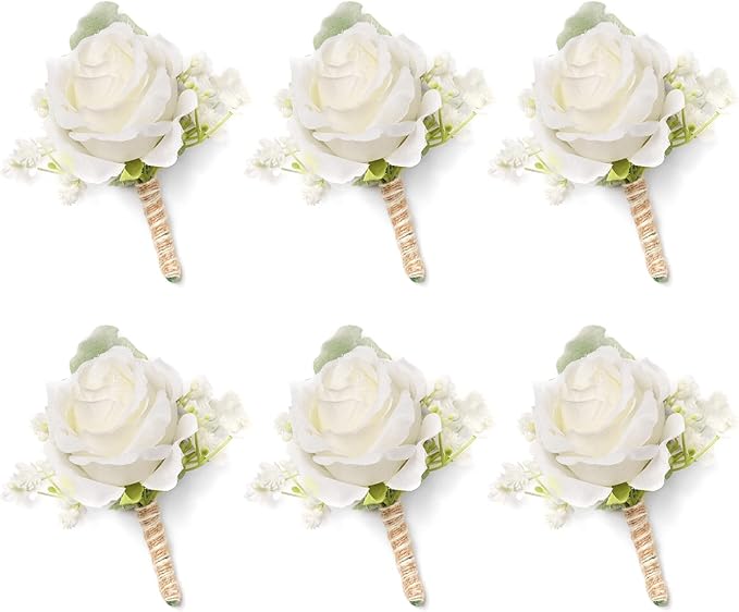 White Rose Boutonnieres for Men Wedding Ivory Baby's Breath Boutonniere for Best Men Groom Groomsmen Wedding Prom Homecoming Set of 6