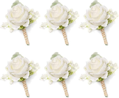 White Rose Boutonnieres for Men Wedding Ivory Baby's Breath Boutonniere for Best Men Groom Groomsmen Wedding Prom Homecoming Set of 6