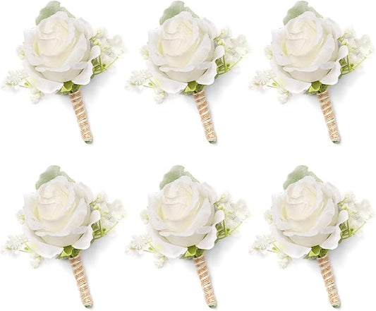 White Rose Boutonnieres for Men Wedding Ivory Baby's Breath Boutonniere for Best Men Groom Groomsmen Wedding Prom Homecoming Set of 6