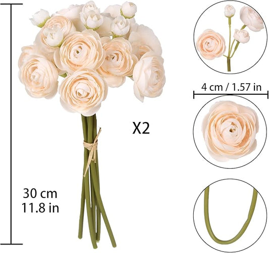 IPOPU Ranunculus Artificial Flowers 2 Bouquets Mini Cream Fake Flowers 12PCS Small Faux Ranunculus Decorative Flowers for DIY Wedding Bouquet Bridal Shower Filler Flowers Decorations (Cream)