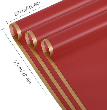 WRAPAHOLIC 20 Sheets Flower Wrapping Paper - 22.4 x 22.4 inch Gold Trim Red Water-Resistant Floral Bouquet Wrapping Paper, Florist Supplies Packaging Paper for Wedding Birthday Gift DIY