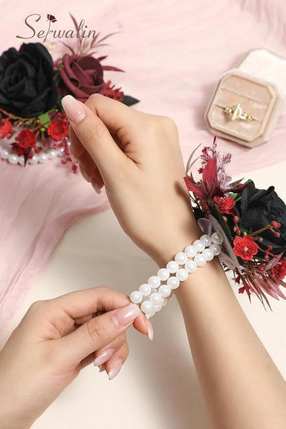 Serwalin Set of 2 Wrist Corsage for Wedding, 6-7inch Corsages Wristlet for Bridesmaid Mother Grandmother, Artificial Flowers for Prom Ceremony Anniversary, Black Burgundy