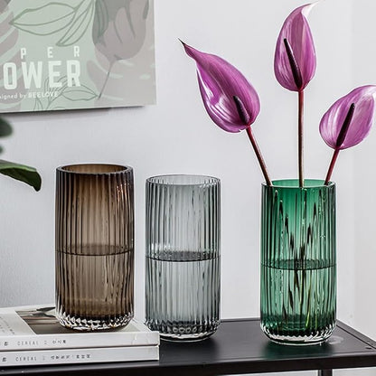 Muyan 9.8" Flower Vase for Decor Ribbed Glass Vase Modern for Centerpieces Desktop Home Office Dining Living Room Wedding (Green)