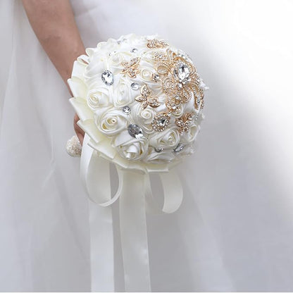Handmade Brooch Wedding Flowers Bridal Bouquets Crystal Bride Holding Bouquet White Ivory Satin Roses with Diamond Pearl Ribbon (Luxury-Glod)