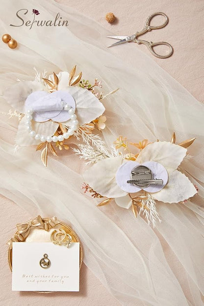 Serwalin Champagne Corsage and Boutonniere Set 𝟮𝙥𝙘𝙨, 𝟲-𝟳 𝙄𝙣𝙘𝙝 Boutonniere and Wrist Corsage Wristband Prom Flower Wedding Flowers Accessories Prom Suit Decorations Cake Topper