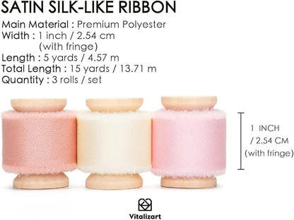 Vitalizart Silk Satin Ribbon 1 Inch x 15 Yard Wooden Spool Pink Handmade Frayed Ribbon for Gift Wrapping Baby Shower Wedding Bridal Bouquets Holiday Decor Hot Blush Pink