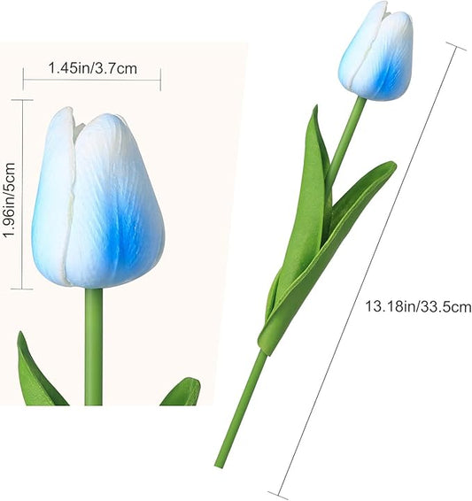 20 Pcs 13” Real Touch Light-Blue Tulips Artificial Flowers, Latex PU Fake Faux Flowers, for Wedding Bouquet Home Decor
