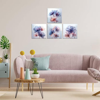 Pankila Canvas Flowers Wall Art Blooming Flowers Pictures Prints Blue Pink Flower Wall Decor for Living Room Bedroom Bathroom Home Decorations Painting Framed Artwork (20''W x 20''H x 4)