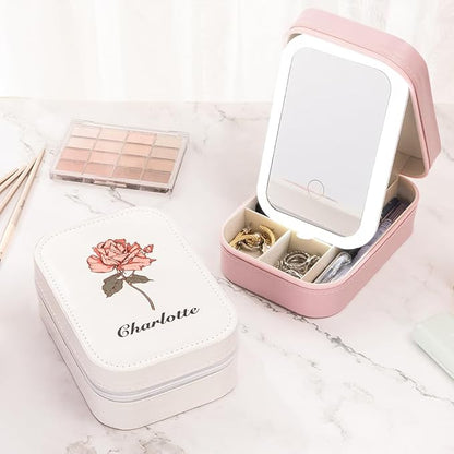 callie Personalized Travel Jewelry Case-Mirror & LED 3 Adjustable Light, Custom Birth Flower Makeup Jewlery Box with Name, Wedding Birthday Gift for Women