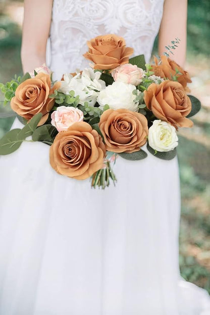 12pcs Roses Artificial Flowers Terracotta Fake Roses Flowers with Long Stems Silk Flowers for Wedding Bouquet Centerpices Decorations Party Bridal Baby Shower Home Decor