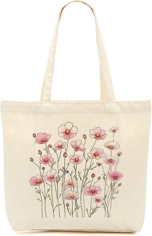 Aesthetic Floral Canvas Tote Bag for Women with Pocket, Tote Bags for Grocery Shopping Work Gym Christmas Birthday
