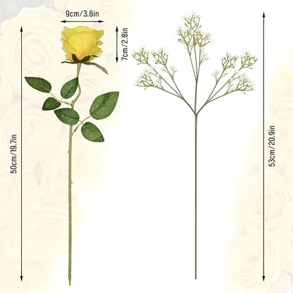 Waipfaru 20 Pcs Fake Yellow Roses Babys Breath Artificial Flowers Bulk, Silk Yellow Rose Faux Babys Breath with Long Stems for Wedding Bouquet Vase Flower Arrangement