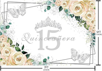 Sendy 7x5ft Quinceañera Backdrop Mis Quince 15 Anos Birthday Party Decorations Supplies for Girl Princess White Floral Silver Crown Butterfly Photography Background Banner Photo Booth Studio Props