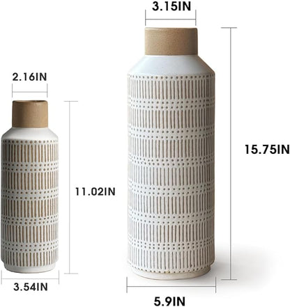 Rustic Ceramic Vase Set of 2 for Living Room Bedroom 15.75'' and 11.02'' Farmhouse Flower Bouquet Vases for Fake Plant Home Decor Office Fireplace Centerpieces Retro Vintage Modern Gift