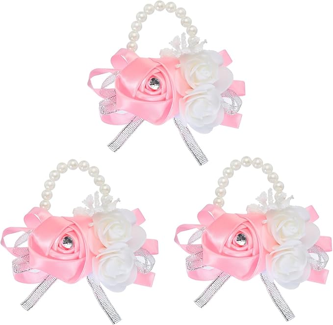 MECCANIXITY 3Pcs Wrist Corsage Artificial Flower Bracelets Rose Wrist Bride Groom Decorative for Wedding Ceremony Prom Party Anniversary Pink