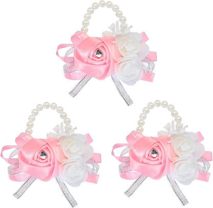 MECCANIXITY 3Pcs Wrist Corsage Artificial Flower Bracelets Rose Wrist Bride Groom Decorative for Wedding Ceremony Prom Party Anniversary Pink