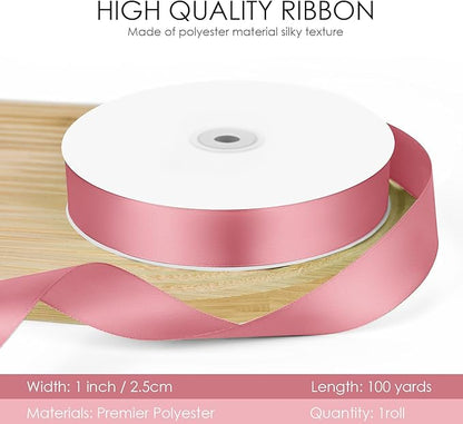 100 Yards 1 inch Satin Ribbon, Fabric Ribbon Solid Color Perfect for Gift Wrapping, Wedding, Handmade Bows, Floral Bouquets and Party Decoration(Pink)