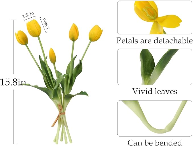 20PCS Yellow Fake Tulips Artificial Flowers Real Touch Latex Faux Tulips UV Resistant Fake Flowers Bouquet for Table Home Decor Party Wedding Garden Decoration