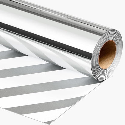 Merture Reversible Silver Wrapping Paper Roll - 17 In X 32.8 Ft(46.5 sq.ft.) Metallic Silver and Stripe Design Gift Wrap for Christmas, Wedding, Birthday, Valentines Day, Mothers Day, Baby Shower