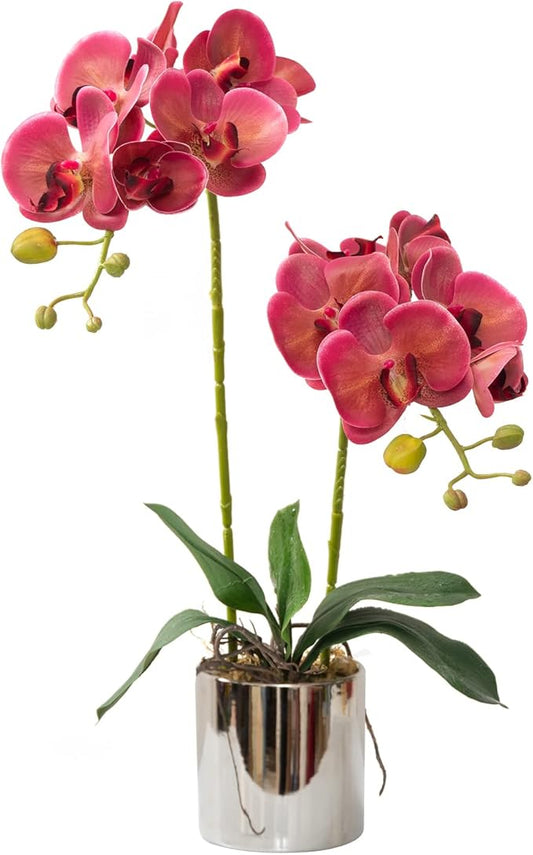 Artificial Orchid Flowers Fuchsia Faux Orchids with Ceramic Vase Vivid Fake Phalaenopsis Flower Arrangement Gorgeous Artificial Plants for Office Desk Wedding Party Exhibition Center&Home Table Decor