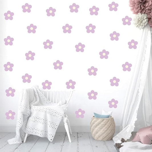 Daisy Flowers Wall Stickers – 180 Pcs Peel & Stick Removable Waterproof Vinyl Floral Wall Art Decals for Bedroom, Nursery & Playroom | A Simple Peel Brings Cheerful Pastel Charm (Soft Purple)