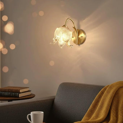 Luxury Floral Brass Wall Sconce Lighting, Modern Lily Flower Art Glass Shade Light Fixture, Brushed Gold Finish Copper Accent Lamp Wall Light for Bedroom, Living Room, Dining Room Decor