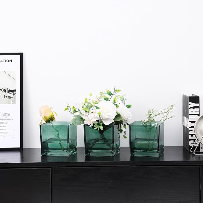 Square Glass Vases Set of 9, 4"x 4"x 4" Flower Vases for Centerpieces, Green Glass Vase for Flowers, Small Vase for Wedding, Party, Home Office Decoration