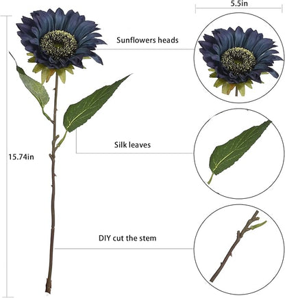 Blue Artificial Sunflower Flowers 8 Pcs Single Long Stem Silk Fake Sunflowers Bridal Wedding Bouquet Fake Yellow Flower Arrangements for Outdoor