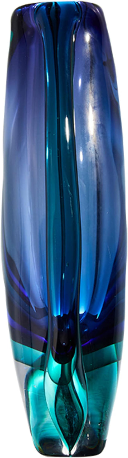 Luxury Lane Hand Blown Sommerso Oval Art Glass Vase for Decor 10 inch Tall Centerpiece Table Decoration London Blue