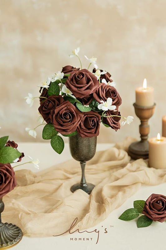 Ling's moment Artificial Flowers 25Pcs Walnut Brown Roses Decor w/Stems,3" Real Touch DIY Foam Floral for Wedding Bouquet/Centerpieces, Outdoors Party Backdrop, Room/Table, and Garden/Pot Decorations