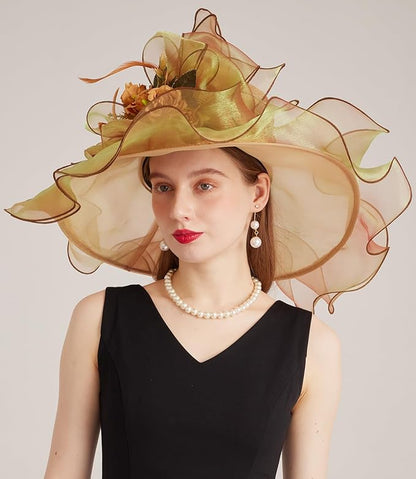 Organza Derby Hats for Women Wide Brim Fascinator Hat Rose Flower Wedding Tea Party Hat