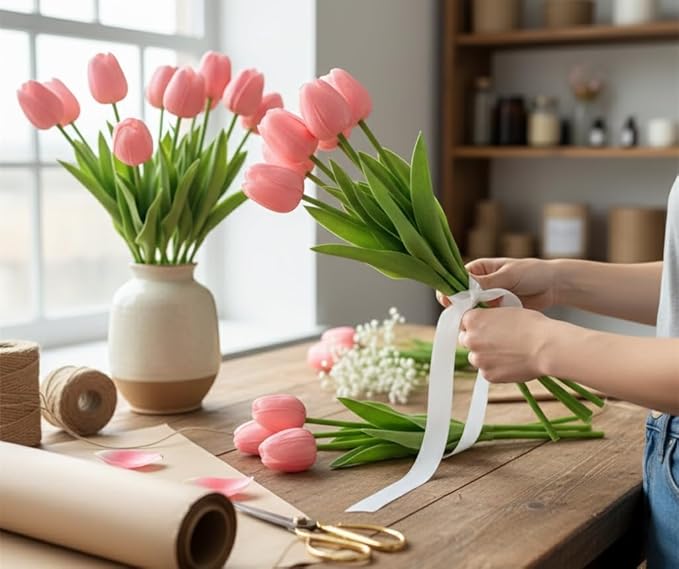 White Faux Tulips (20 Pcs) - Premium PU Artificial Flowers for Christmas & Thanksgiving Table Setting, Winter DIY Home Decor - 13.5" Real Touch