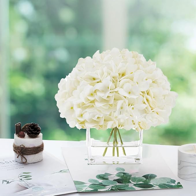 Faux Hydrangea Flowers in Vase, Small Silk Flowers in Vase with Fake Water for Home Decor Wedding Table (Cream)