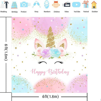 Mocsicka Unicorn Birthday Decorations Unicorn Backdrop for Girls Birthday Party 6x6ft Pastel Rainbow Unicorn Glitter Stars Dots Happy Birthday Banner Photo Booth Props