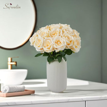 Serwalin 20pcs Artificial Roses, 4'' Big Flower Head, Champagne Velvet Silk Roses, Fake Roses Long Stem Realistic Bouquet for Wedding Table Centerpiece