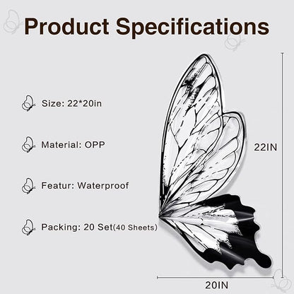 LLBWKC 20 Sets Butterfly Flower Wrapping Paper, Waterproof Butterfly Flower Bouquet Wrapping Paper, OPP Clear Floral Wraps for Florist Supplies, Gift Packaging, DIY Craft 20x22 in (Black Butterfly)