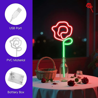 Rose Neon Sign - Red rose Flower with Green Stem Neon Art Wall Decor USB or 3-AA Battery Powered Operated for Girls Bedroom Birthday Gift Party Wedding Rose Lights for Bedroom (Red)