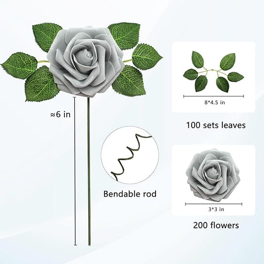JOYLEX Artificial Flowers Realistic Roses, Real Looking Fake Roses with Stem for DIY Wedding Bouquets Centerpieces Bridal Shower Party Home Romantic Decorations (Grey, Regular 3" - 200pcs)