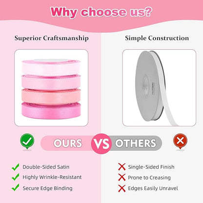 3/8 Inch Pink Ribbon 4 Rolls Total 16 Yards, Mixed Ribbon for Gift Wrapping, Wedding and Birthday Celebrations, Flower Bouquet, Craft Projects, and Christmas Bow-Making