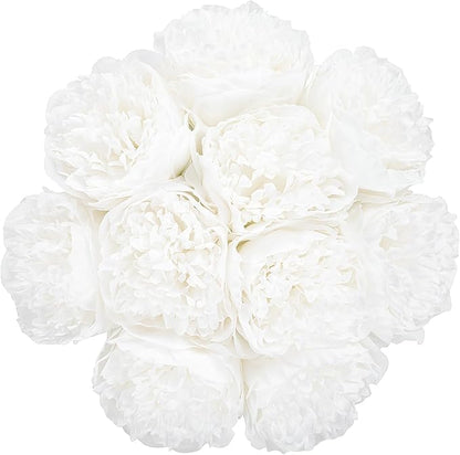 U'Artlines Artificial Peony Silk Flower with Stems 10pcs Real Look Vintage Peonies for Home Wedding Decoration(Pure White)