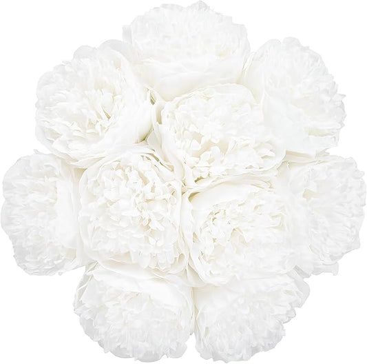 U'Artlines Artificial Peony Silk Flower with Stems 10pcs Real Look Vintage Peonies for Home Wedding Decoration(Pure White)