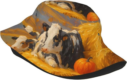 Rustic Autumn Cows and Pumpkins Bucket Hat Novelty Sun Hats Trendy Fisherman Cap for Men and Women
