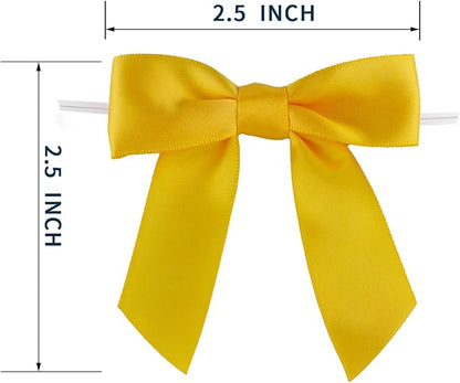 7Rainbows 30pcs Boutique 2.5" Yellow Gold Satin Ribbon Twist Tie Bows for Tying Up Packages Gift Wrapping