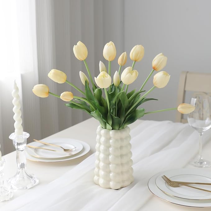 15 Pcs Off White Artificial Flowers Tulips Real Touch Latex Plastic Soft Faux Bouquets for Party, Wedding, Home, Room, Garden Decor