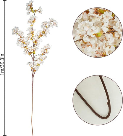 Uieke Silk Cherry Blossom Branches, 39.3in Artificial Cherry Blossom Tree Stems, Fake Plum Blossom Flowers Arrangement for Wedding Home Japanese Decor, Set of 3, White