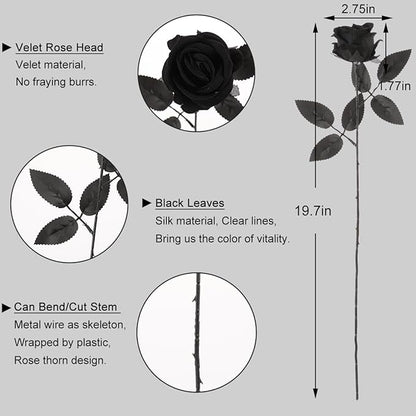 12Pcs Black Roses Artificial Flowers Fake Rose Faux Velvet Silk Flowers for Home Wedding Decoration (Pearl Roses, Pure Black)