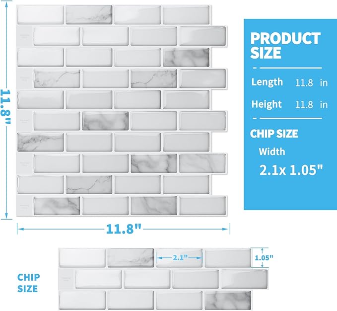 Art3d 10-Sheet Peel and Stick Backsplash Tile in White Marble, Self-Adhesive Wall Tiles Stick on Kitchen Laundry Room RV Renter - 12 x 12 Inch